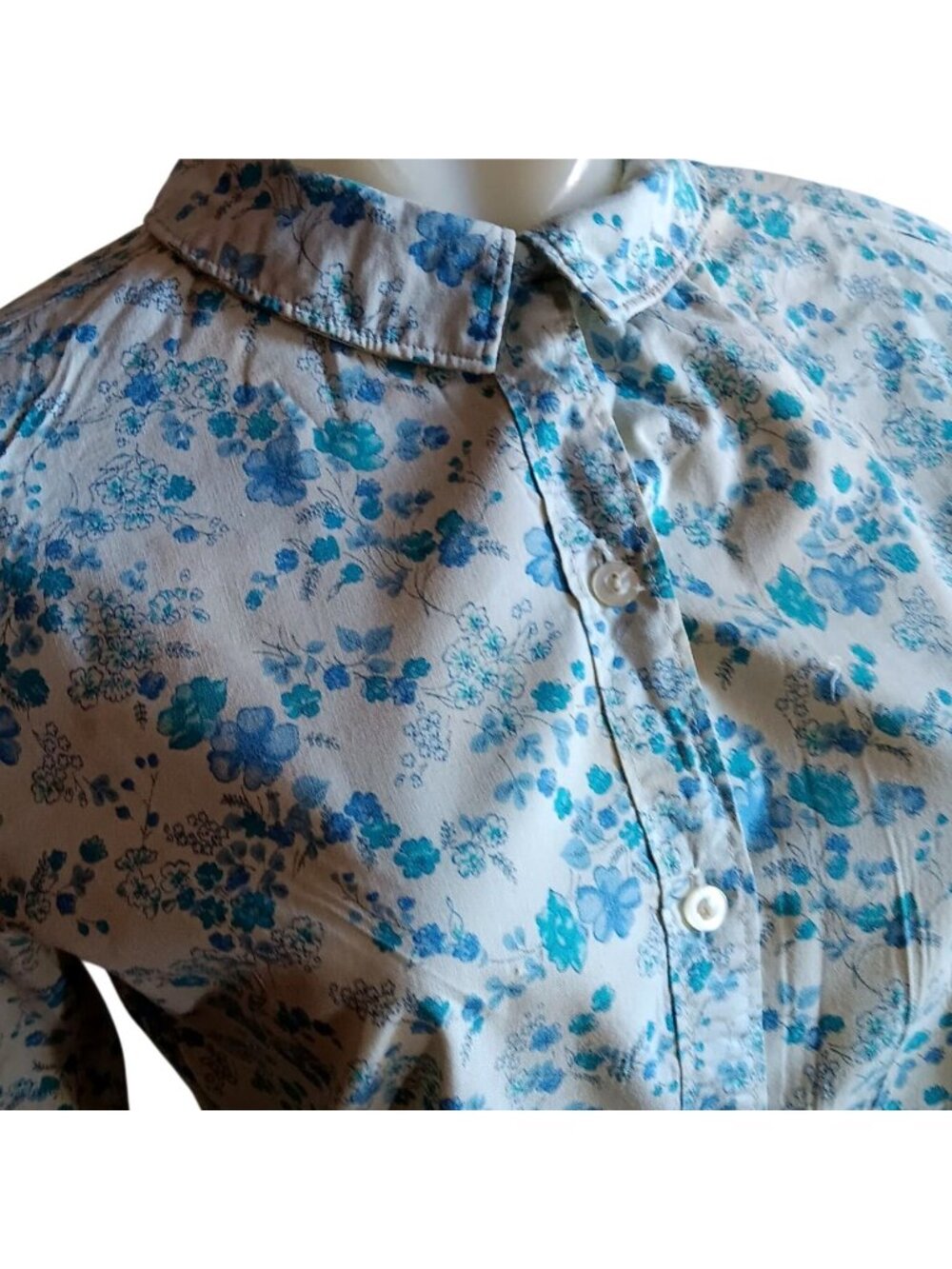 True Vintage Small 32 Top Distress Floral Button-Up Blouse Peter Pan Collar